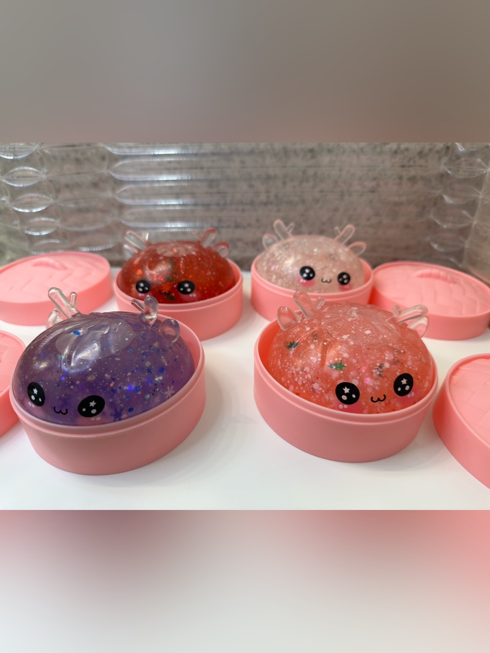 Christmas Edition 4pc. set Glitter Reindeer Squishy Dumplings.